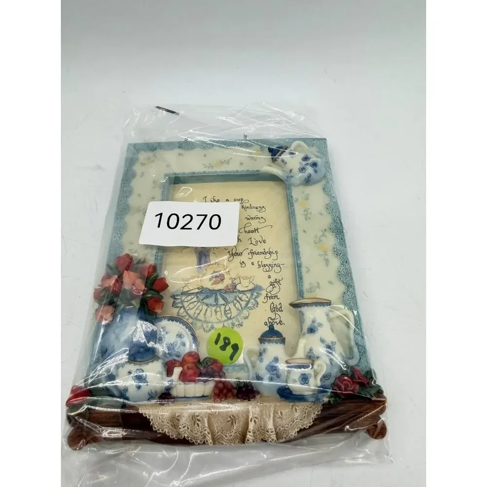 Cup of Kindness 3D Resin Photo Frame Tea Set Floral Friendship 4x6 Easel Used